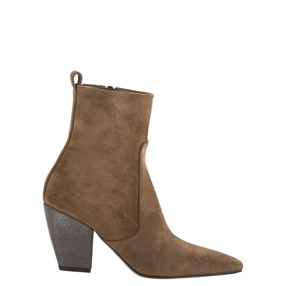 Brunello Cucinelli Women Suede Ankle Boots With Jewelled Heel